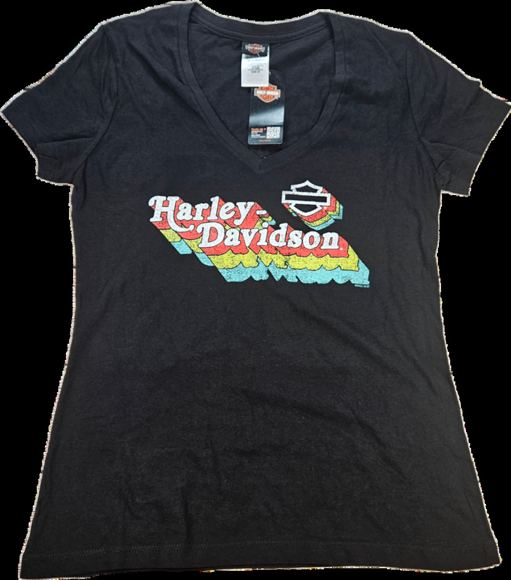 NEW Harley-Davidson Women's Black V-Neck T-Shirt M Cotton Retro Pocono Graphic